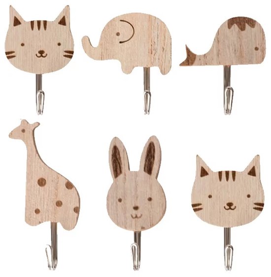 Houten Dieren muurhaken set van 6 stuks - zelfklevende haken zonder boren - Wandhaken met sterke plak - schattige dieren voor babykamer & kinderkamer decoratie - Wand kapstok