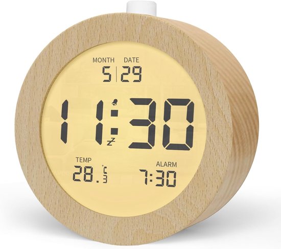 Houten digitale wekker, LCD-digitale klok met datum, temperatuur, snooze-functie, achtergrondverlichting, digitale klok op batterijen [Vereist 3 AAA-batterijen] van houten