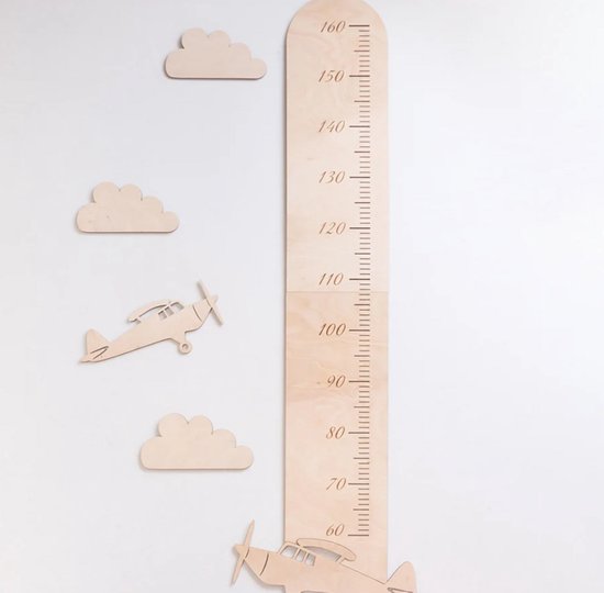 Houten groeimeter met vliegtuigen en wolken, meetlat voor kinderen met houten vliegtuigen voor de kinderkamer, lengtemeting voor kinderen/kinderkamer/babykamer/wanddecoratie/