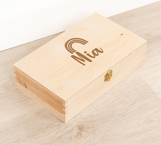 Houten kistje 'Mia' Regenboog - Tekenkist - Herinneringsdoos - Kraamcadeau - Knutseldoos - Memorybox - Baby - Geboorte