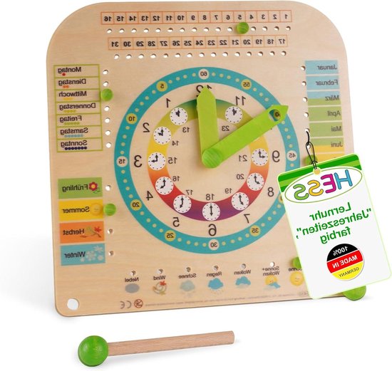 Houten Leerklok - Kinderhorloge Seizoenen - Tijd Leren - Gemaakt van Inheems Hout - 25 x 25 cm - Multicolor