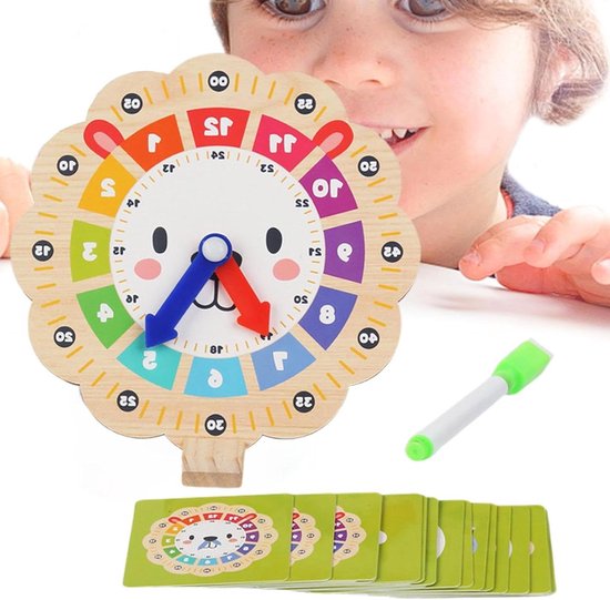 Houten Leerklok - Kindertijdklok Educatief - Leren Kloklezen - Veilig Glad Ontwerp - 22 x 3 x 18 cm - Multicolor