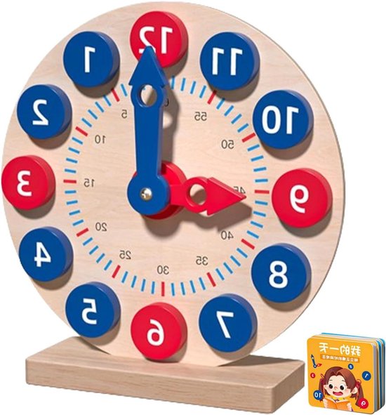Houten Leerklok - Oefenhorloge Kinderen - Tijd Leren Lezen - Lichtgevende Wijzers - 21.7 cm - Houtkleur