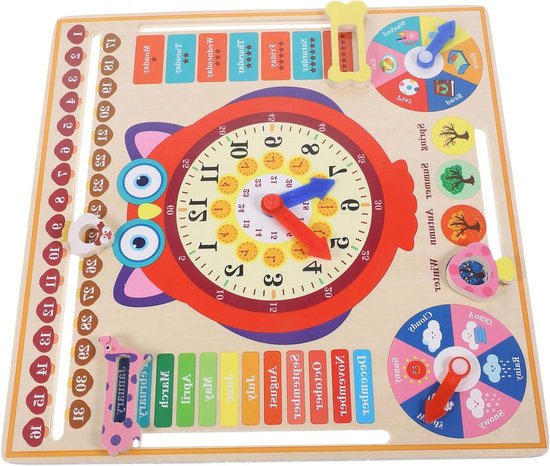 Houten Leerklok - Uil Klok - Tijd Leren - Stimuleert Ontwikkeling - 29.8 cm - Multicolor