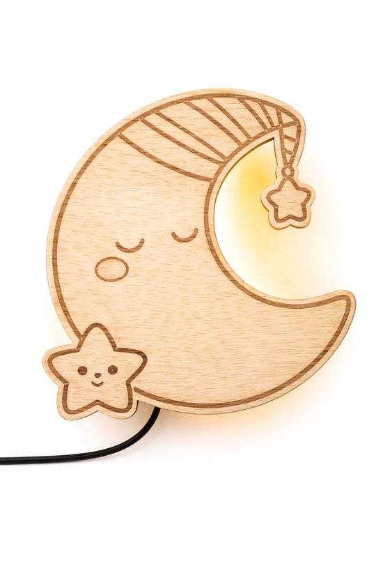 Houten Maan Wandlamp Kinderkamer – Nachtlampje met Warm Licht – Babykamer LED Lamp – Handgemaakt van Merkloos