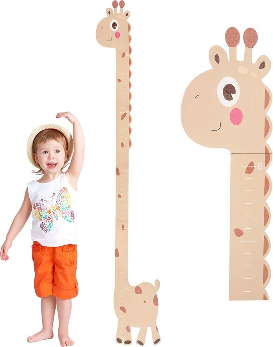Houten Meetlat - Groeimeter Kinderen - Kinderkamer Decoratie - Met Giraffen Design - 180 cm Lengte - Natuurlijk Hout