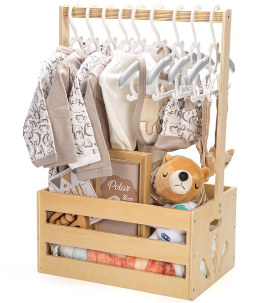 Houten opbergkrat voor baby - Babykamer krat met handvat - Opbergmand voor baby shower cadeaus en newborn spullen - Welkomstcadeau voor nieuwe ouders (exclusief hangers)
