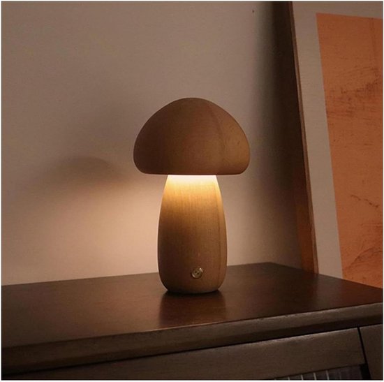 Houten Paddestoel Lamp - Draadloze Nachtlamp - Sfeerverlichting Kamer - Instelbare Helderheid - 109 x 9 cm - Beige