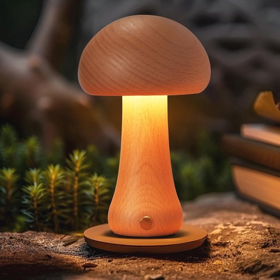 Houten Paddestoel Nachtlampje - USB LED Slaapkamerverlichting voor Kinderen met Traploos Dimmen van Merkloos