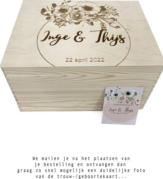 Houten speelgoedkist/herinneringskist/voorraadkist/opbergkist met persoonlijke gravure. Kraam cadeau-Babyborrel-Huwelijksgeschenk-Trouwdag-Gedenkkist-Prins carnaval. Maat 40cm x 30cm x 23cm. Onbehandeld hout. van SandD-art
