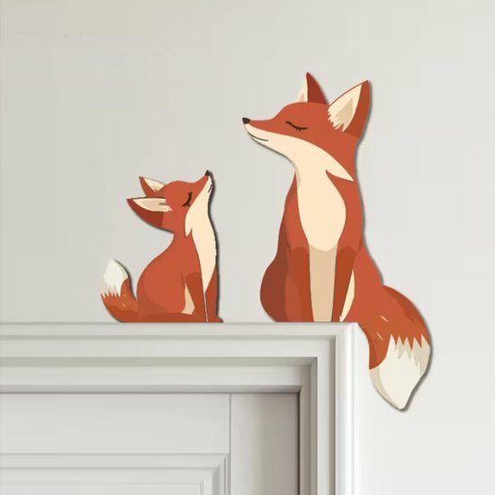 Houten Wand Decoratie Vosjes - Hout - 20cm hoog - Mama Vos - Baby Vosje - Bevestigen met plakstrip - Babykamer - Kinderkamer - Muur Deco