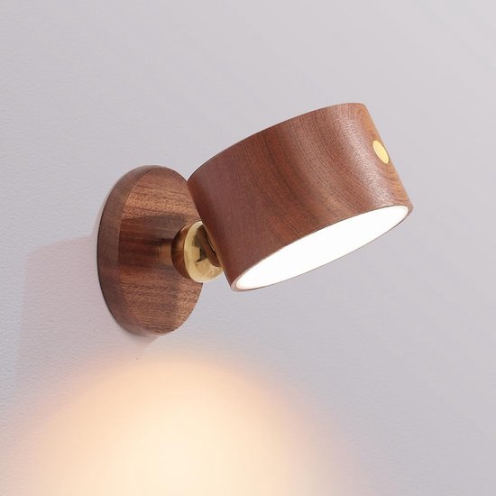 Houten wandlamp voor naast het bed - Oplaadbare nachtlamp - Draadloze wandverlichting - Geschikt voor slaapkamer, hal en gang - Papierhoutmodel