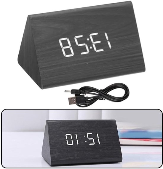 Houten Wekker - Digitale Klok - Wakker Worden - Instelbare Helderheid - 120x70x80mm - Zwart