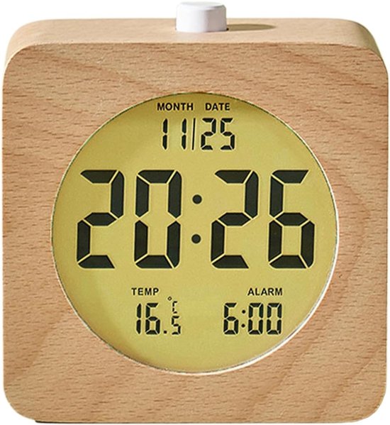 Houten wekker - Kleine klok - Rustig wakker worden - Met nachtlampje - 10 cm breed - Houtkleur