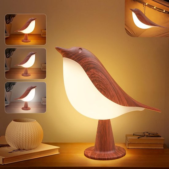 Houtkleur bureaulamp - vogel lamp met 3 kleurtemperatuur en aanraaksensor - draadloze kinderlamp met oplaadbare batterij - voor slaapkamer, nachtkastje, nachtkastje, auto decoratieve verlichting