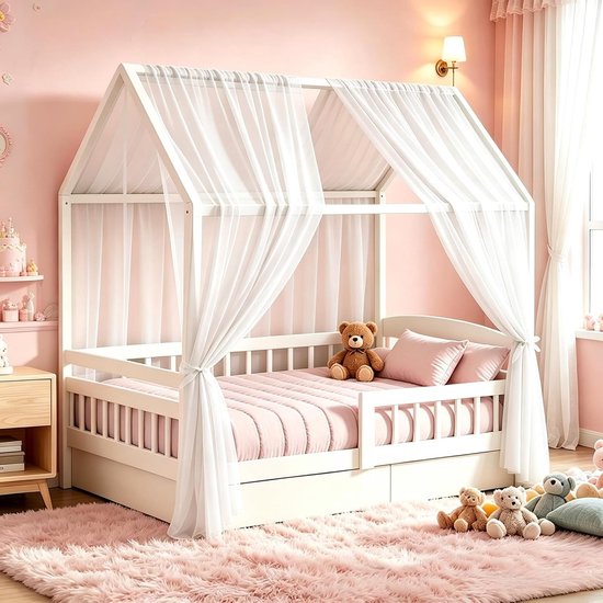 Huisbed Hemelset 2 Stuks 150 x 350 cm - Ademend Bedgordijn voor Kinderbed - Biologisch Katoen Decoratie voor Meisjes en Jongens