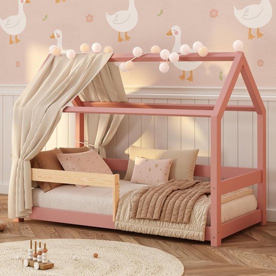 Huisbed met Uitvalbeveiliging - Kinderbed Huisje - Veilig Slapen - Massief Grenenhout - 90x190 cm - Roze