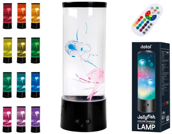i-Total Lavalamp - Lava Lamp - Jellyfish - Sfeerlamp op USB en/of Batterijen - 29.6x10.5 cm - Met Afstandsbediening - Verander in 16 Kleuren - XL2496