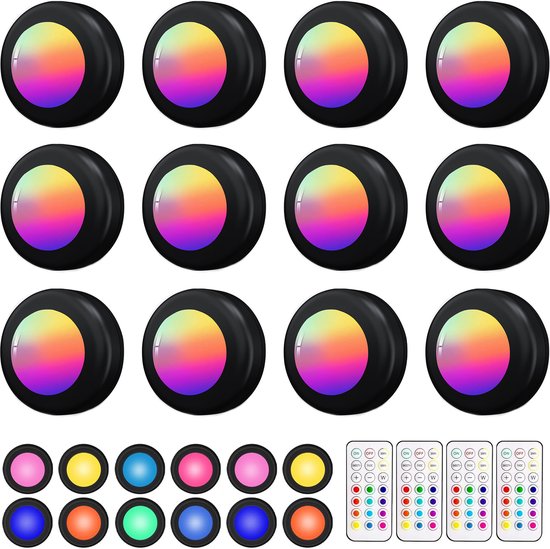 ibettertec - 12 stuks LED kast wand nacht lamp - verlichting - 16 kleuren inclusief afstandbieding - nachtlampje - woonkamer slaapkamer - Trapverlichting draadloos - op batterijen van Merkloos