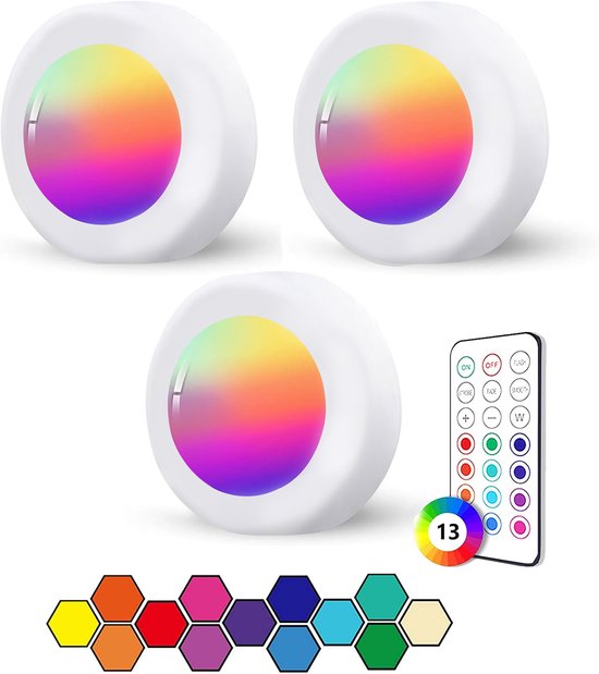 ibettertec - 3stuks LED kast wand nacht lamp - verlichting - 16 kleuren inclusief afstandbieding - nachtlampje - woonkamer slaapkamer - Trapverlichting draadloos - op batterijen van Merkloos
