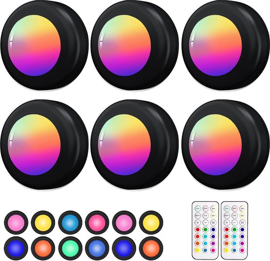 ibettertec - 6 stuks LED kast wand nacht lamp - verlichting - 16 kleuren inclusief afstandbieding - nachtlampje - woonkamer slaapkamer - Trapverlichting draadloos - op batterijen van Merkloos