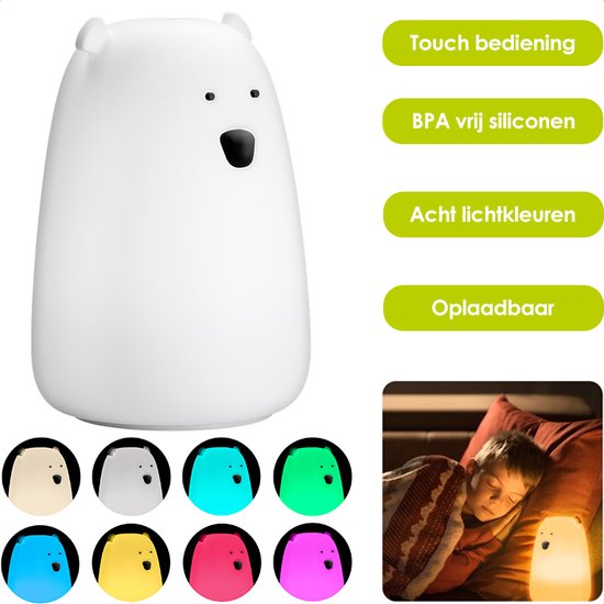 IJsbeer nachtlampje - Oplaadbaar - Draadloos - 9 lichtkleuren - Babykamer lampje - Zacht materiaal - Droomvoeding lamp van Merkloos