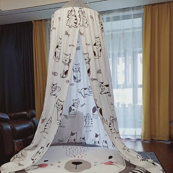 IL BAMBINI - Grote Baby Klamboe voor Babykamer - Hemeltje - Babybedje - Wit met katten - poes - Polyester