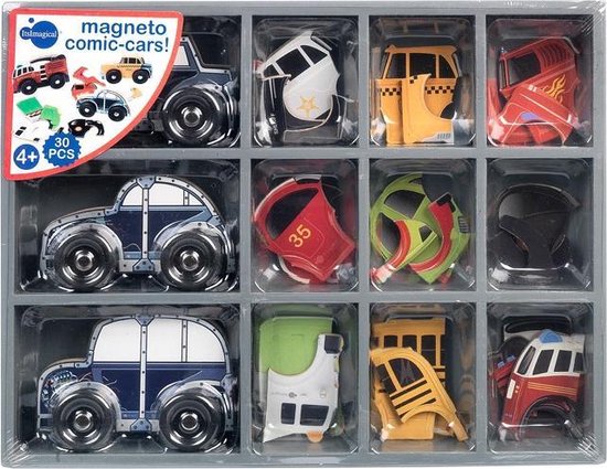 Imaginarium Magnetische Comic Auto's van Hout - Magnetisch Bouwspeelgoed - In Houten Opbergbak - 30 Onderdelen van Imaginarium