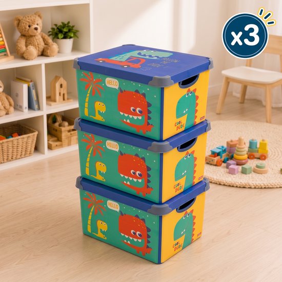 INDECOR Stapelbare Speelgoedbox met Handgrepen – 17 L Opbergbox Set van 3 met Deksel – Voor Lego, Bouwblokjes en Bouwstenen - Dinosaurusmotief