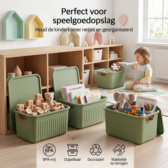 INDECOR Stapelbare Speelgoedbox met Handgrepen – 20 L Opbergbox Set van 3 met Deksel – Opbergdoos voor Bouwblokjes en Bouw - lego opbergbox grootstenen – Groen