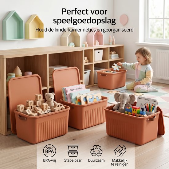 INDECOR Stapelbare Speelgoedbox met Handgrepen – 20 L Opbergbox Set van 3 met Deksel – Opbergdoos voor Bouwblokjes en Bouw - lego opbergbox grootstenen – Terracotta
