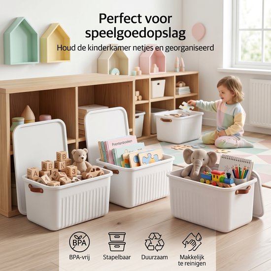 INDECOR Stapelbare Speelgoedbox met Handgrepen – 20 L Opbergbox Set van 3 met Deksel – Opbergdoos voor Bouwblokjes en Bouw - lego opbergbox grootstenen – Wit