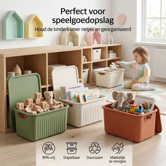 INDECOR Stapelbare Speelgoedbox met Handgrepen - 20 L Opbergbox Set van 3 met Deksel - Opbergdoos voor Bouwblokjes en Bouwstenen - Terracotta, Wit en Groen
