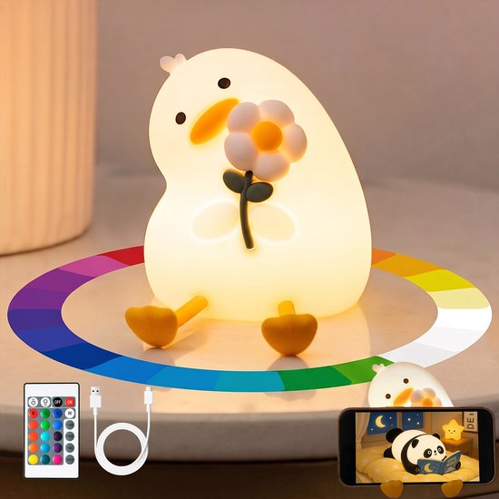 Intebiki nachtlampje - schattig siliconen eendje tafellamp - nachtlampje kinderen - aanraakbediening - met afstandsbediening - schitterend licht in zeven kleuren - timerfunctie - oplaadbaar - geschikt voor slaapkamers en woonkamers - wit van intebiki