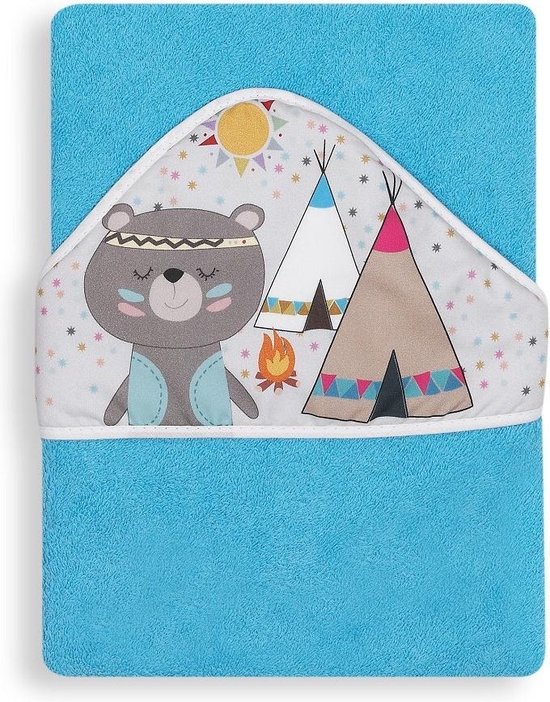 Interbaby Badcape Indianenbeer Junior 100 Cm Katoen Blauw van Interbaby