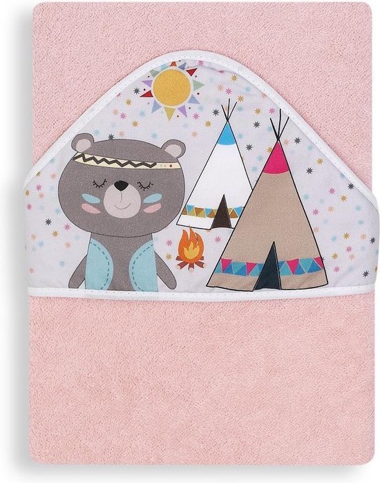 Interbaby Badcape Indianenbeer Junior 100 Cm Katoen Roze van Interbaby