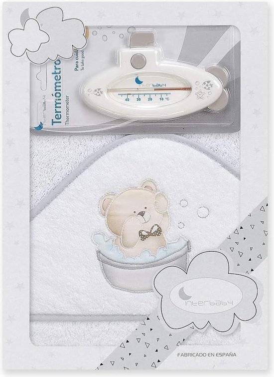 Interbaby Teddy Badcape Met Thermometer 100 Cm Wit/grijs van Interbaby
