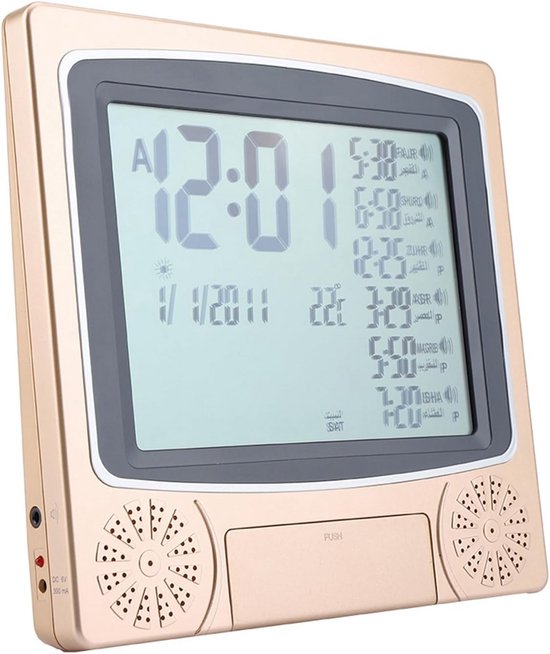 Islamic Azan Alarm Clock, Automatic Mosque, Digital Prayer, Time Table, Table Clock, Reminder, Alarm with LCD Display, for Home, Masjid, Ramadan (Gold)