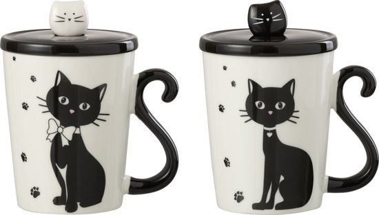 J-Line tas Print Kat + Deksel + Lepel - porselein - wit/zwart - 2 stuks van J-Line