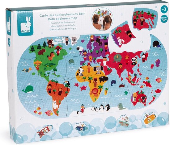 Janod Badspeelgoed - Ontdekkingsreizigers Kaart - Wereldkaart - 28 Puzzelstukken, 4 Schuimrubberen Voertuigstukken, 1 Opbergnet - Geschikt Vanaf 3 Jaar van Janod