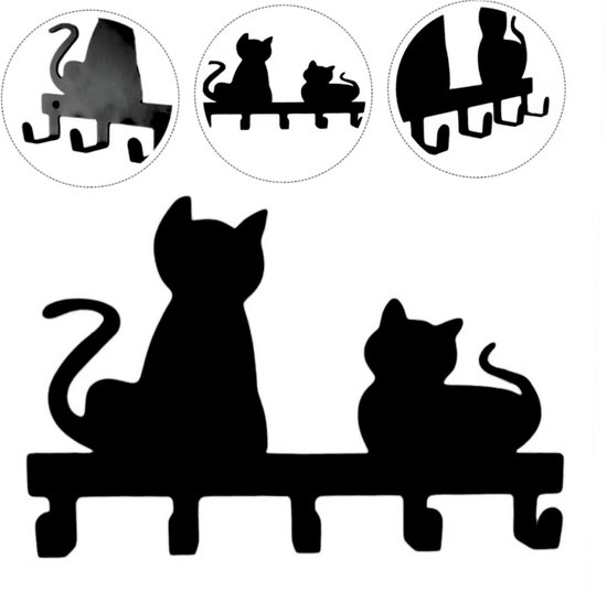 Janse® Poezen kapstok met 5 haken - 33cm - Kinderkapstok - Wandkapstok zwart met katten - Sleutelrek - Kinderkamer haken - Decoratie - Babykamer accessoires - Metalen kapstok - Wandhaken