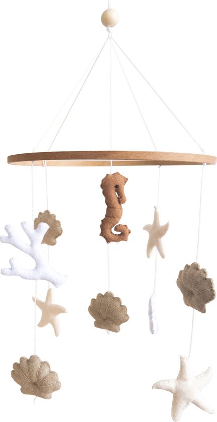 Jean's goods vilten zeepaard baby mobiel - box mobiel vilt - babykameraccessoires - babyshower - kraamcadeau - wieg - babykamer - babymobiel - baby mobiel vilt - zeedieren mobiel - boxmobiel - baby cadeau - beige