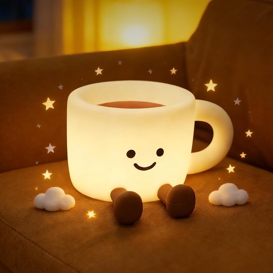 JeiibrZui Nachtlicht Kinder - Koffiekop Silikon - 7 Kleuren Dimbaar - Timer Functie - USB-C Oplaadbaar - Zachte Tafellamp Voor Slaapkamer Decoratie En Cadeau