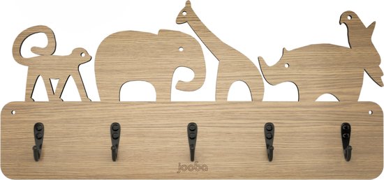Jooba Kinderkapstok - 5 haakjes - Jungle - Hout - Dierenkoppen - Inclusief bevestigingsmateriaal - Babykamer Kapstokken - Wandkapstok van Jooba