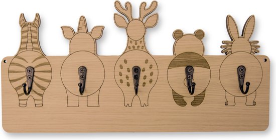 Jooba® Kinderkapstok - 5 Metalen haken - Kapstok met Dieren - Kapstok hangend - Hout - Wandkapstok - Met bevestigingsmateriaal van Jooba