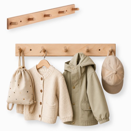 Jooba Kinderkapstok - Kapstok wandkapstok - Kapstok kinderkamer - 100% echt Beukenhout - 5 Haken - Puur en Natuur collectie - Kinderkamer - 45x6cm - Veilig en Duurzaam - Met bevestigingsmateriaal van Jooba