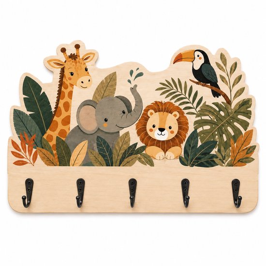 Jooba Kinderkapstok - Kapstok wandkapstok - Kapstok kinderkamer - Jungle - 5 Haken - Kinderkamer - 36x21cm - Veilig en Duurzaam - Gemakkelijk monteren van Jooba