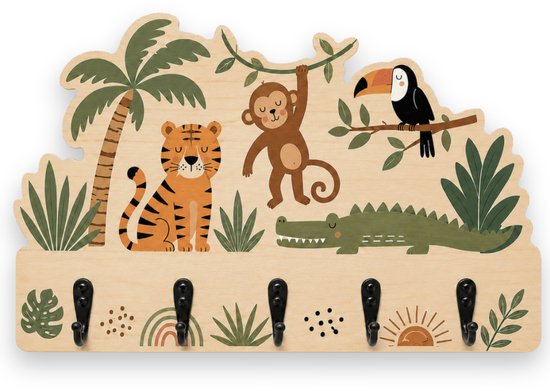 Jooba Kinderkapstok - Kapstok wandkapstok - Kapstok kinderkamer - Jungle - 5 Haken - Puur en Natuur collectie - Kinderkamer - 36x21cm - Veilig en Duurzaam - Gemakkelijk monteren