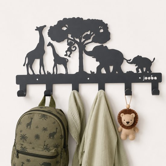 Jooba Kinderkapstok - Kinderkamer - 6 Haken - Jungle - Dierenkoppen - Kapstok hangend - Metaal - Zwart - Wandkapstok - Met bevestigingsmateriaal van Jooba