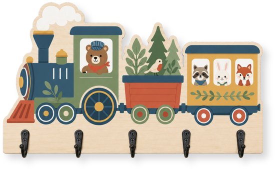 Jooba Kinderkapstok - Trein - Kinderkamer - 5 Haken - Kapstok met trein - Babykameraccessoires - Locomotief - Hout - Wandkapstok - Met bevestigingsmateriaal van Jooba